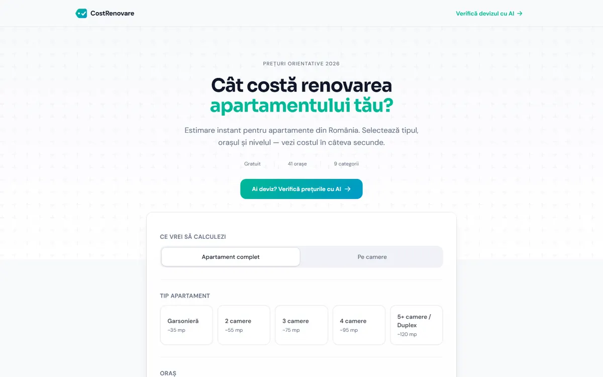 A CostRenovare kalkulátor nyilvános oldala