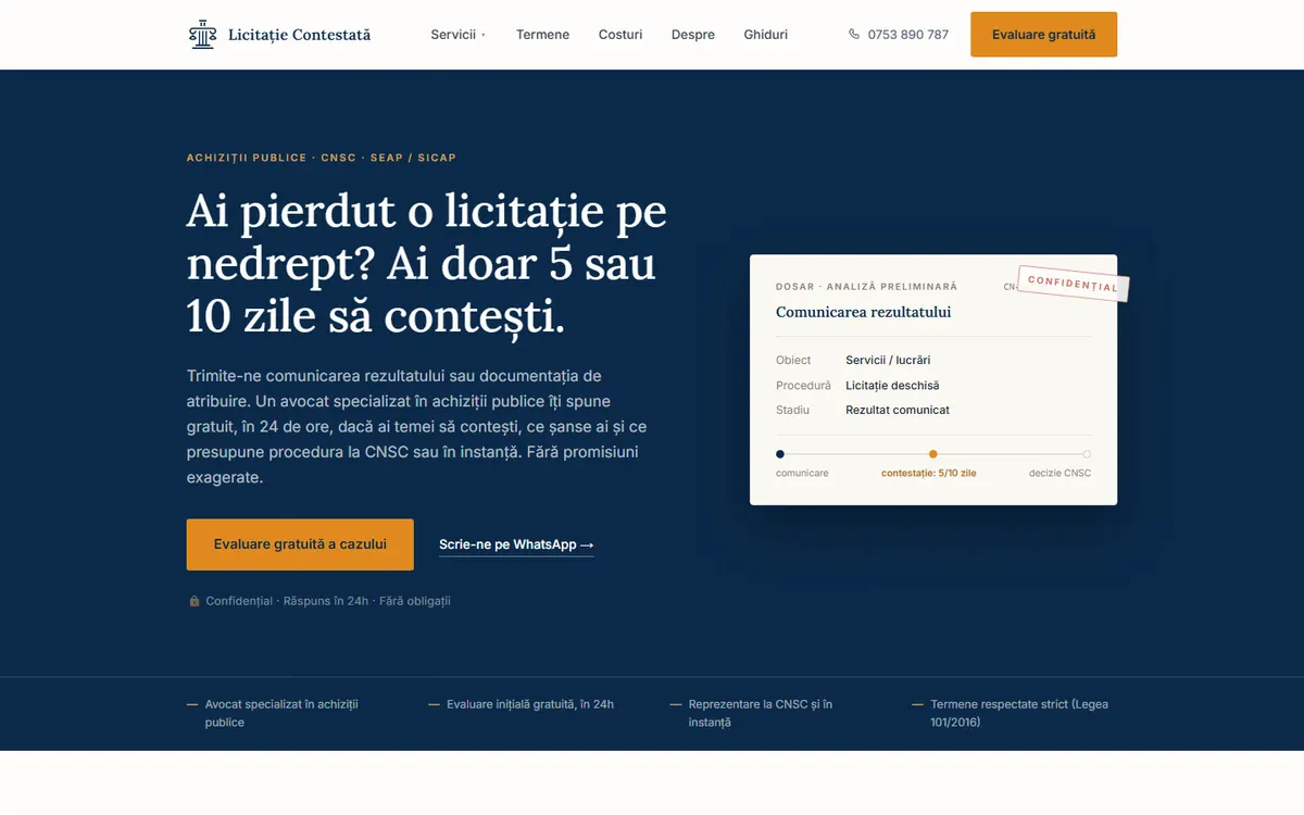 A nyilvános oldal képernyőképe: Licitație Contestată